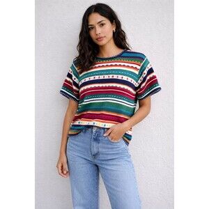 New Vintage Talbots Rainbow Stripe Knit Sweater Boho Preppy Cottagecore Medium